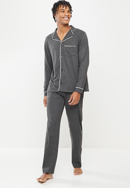 Brave Soul - Jaxong long sleeve sleep set - charcoal marl & white