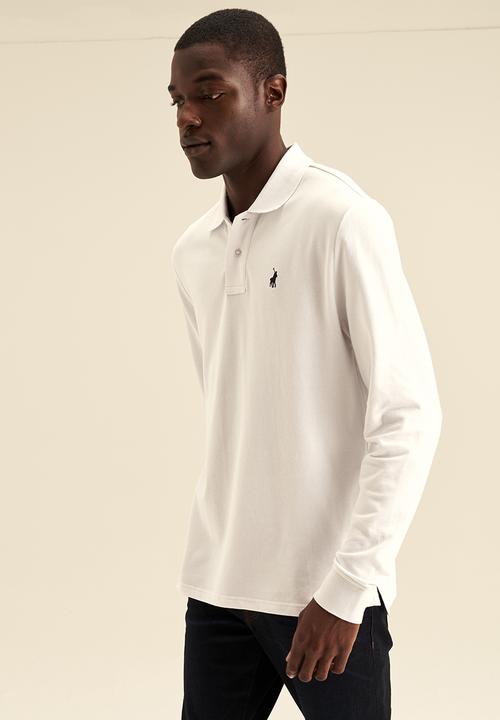 POLO - Mens plain pique long sleeve golfer - white