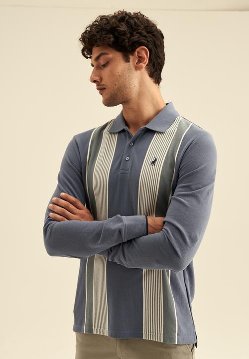 POLO - Mens vertical stripe long sleeve golfer - blue