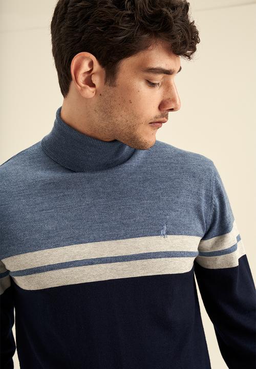 POLO - Men stripe roll neck knitwear - blue