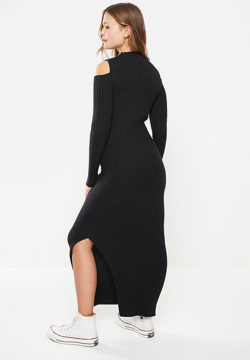 Cotton On - Twist knit cold shoulder midi dress - black