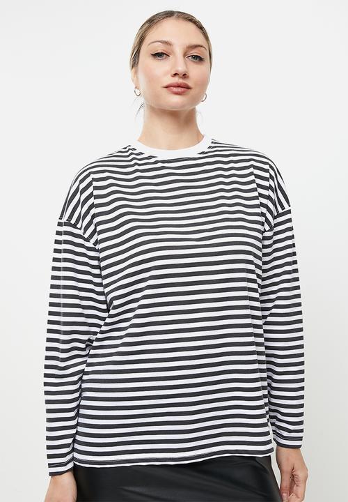 Missguided - Stripe drop shoulder long sleeve T-shirt - black & white