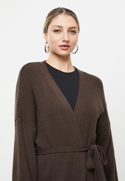 Missguided - Ribbed longline belted cardigan - chocolate