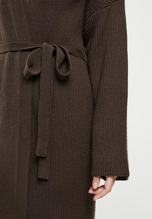 Missguided - Ribbed longline belted cardigan - chocolate