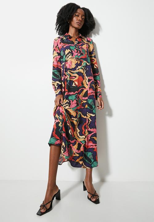 Printed midi button down trapeze dress - abstract multi