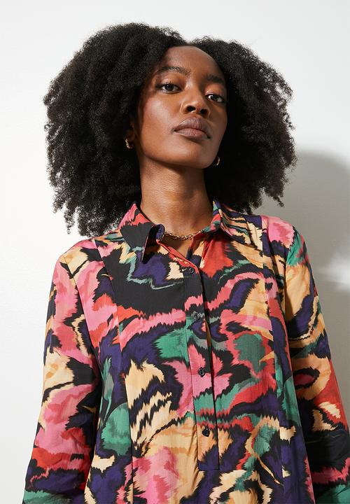VELVET - Printed midi button down trapeze dress - abstract multi