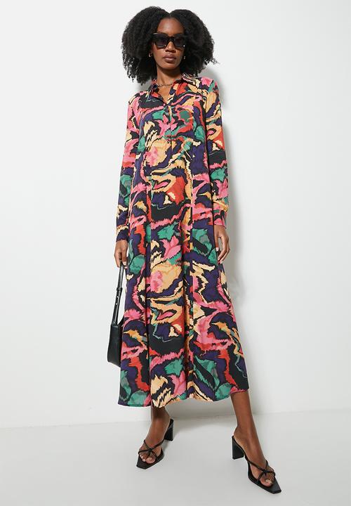 VELVET - Printed midi button down trapeze dress - abstract multi