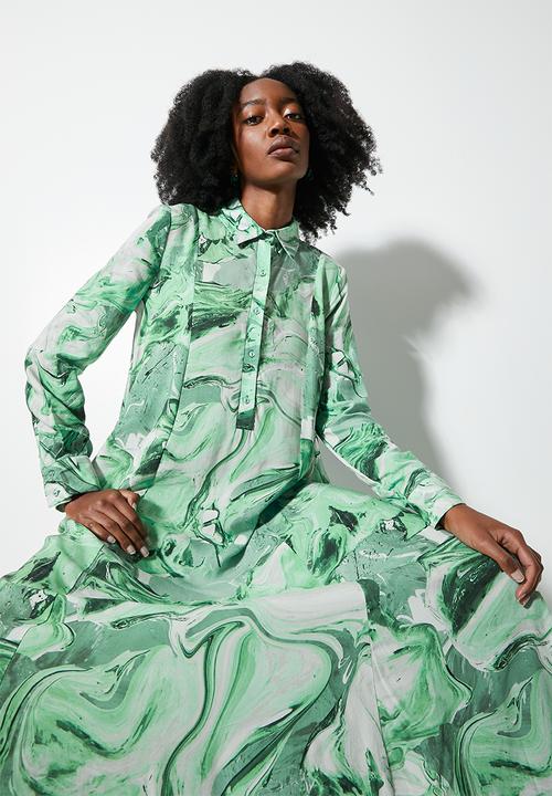 VELVET - Printed midi button down trapeze dress - green marble