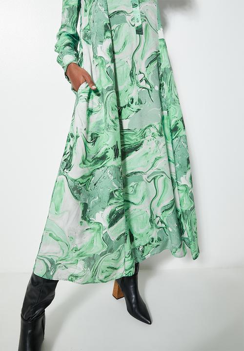 VELVET - Printed midi button down trapeze dress - green marble
