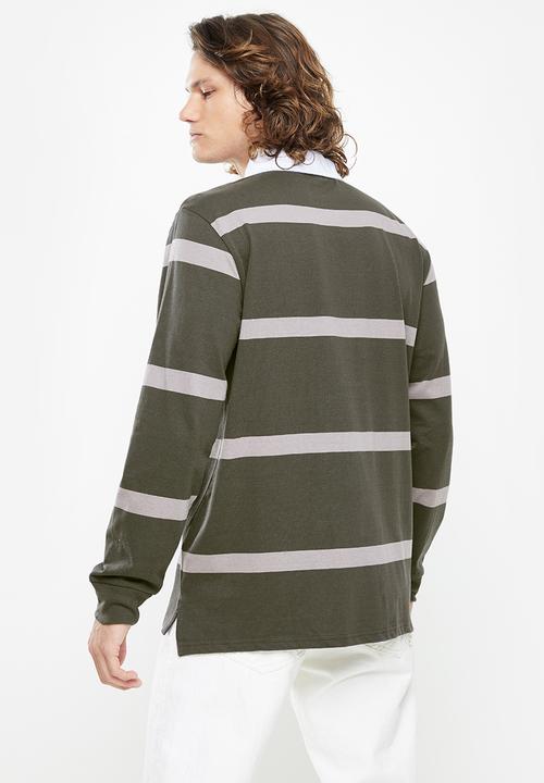 Cotton On - Rugby long sleeve polo - faded slate wide stripe