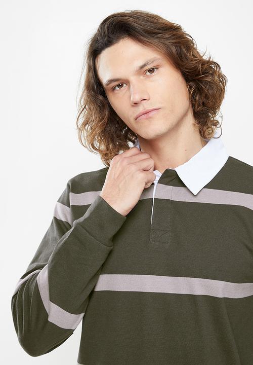Cotton On - Rugby long sleeve polo - faded slate wide stripe