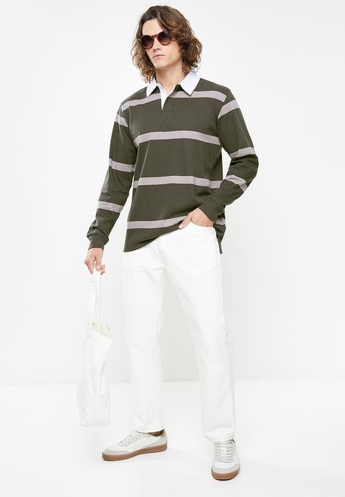 Cotton On - Rugby long sleeve polo - faded slate wide stripe