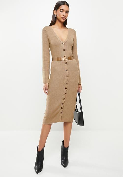 GUESS - Long sleeve luis cardigan belted dress - beach tan