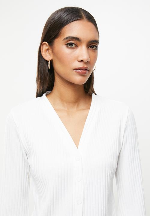 Me&B - Bellow sleeve ribbed button down top - white