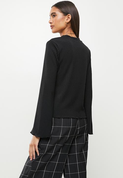 Me&B - Bellow sleeve ribbed button down top - black