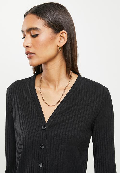 Me&B - Bellow sleeve ribbed button down top - black