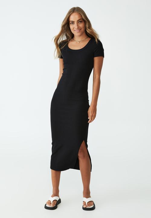Cotton On - Rib short sleeve split midi dress - black