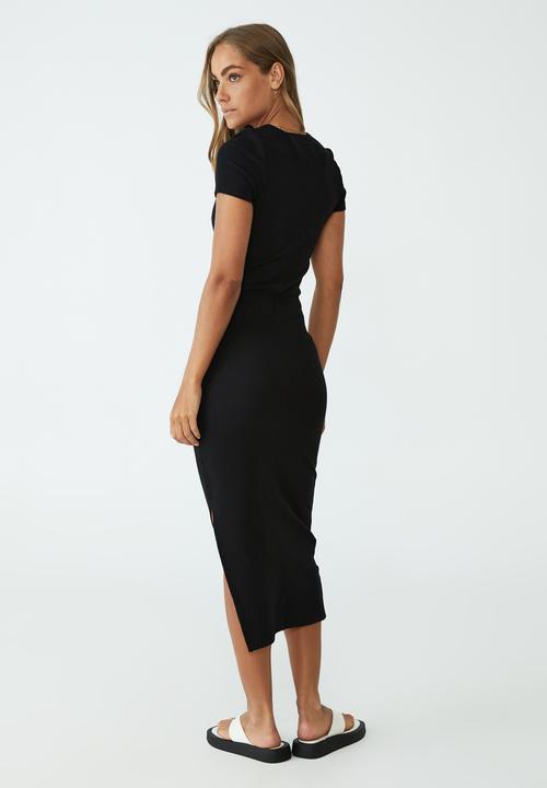 Cotton On - Rib short sleeve split midi dress - black