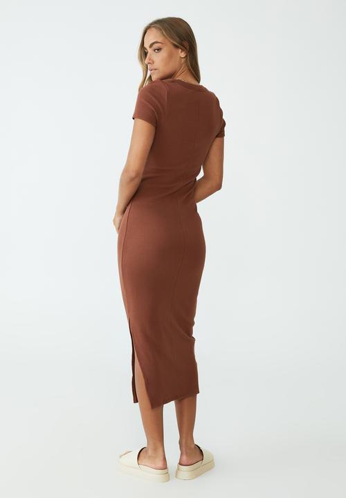 Cotton On - Rib short sleeve split midi dress - vintage brown