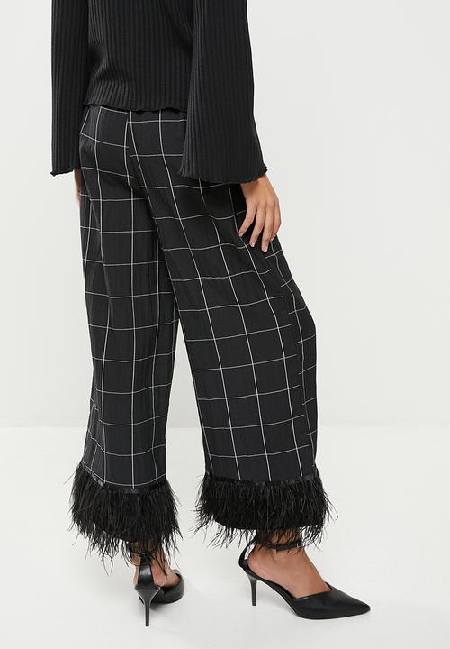 Me&B - Feather trims check pants - black