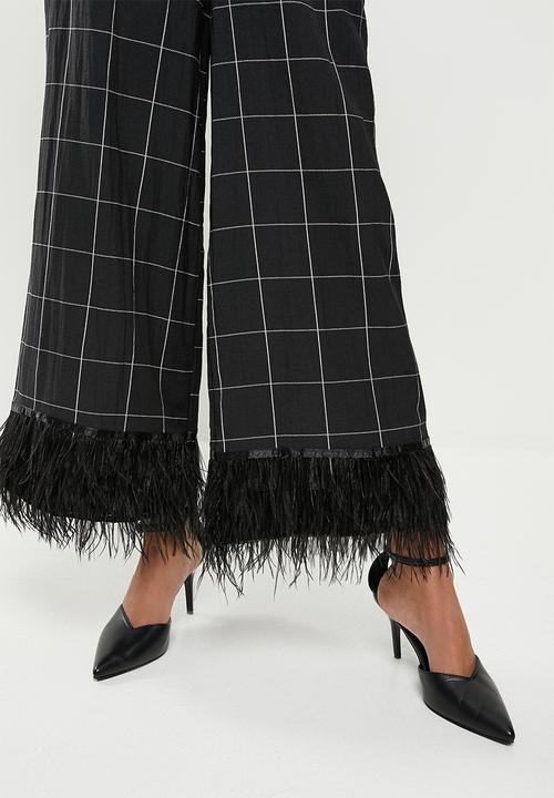 Me&B - Feather trims check pants - black