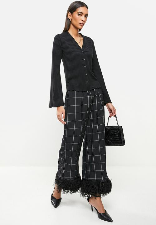 Me&B - Feather trims check pants - black