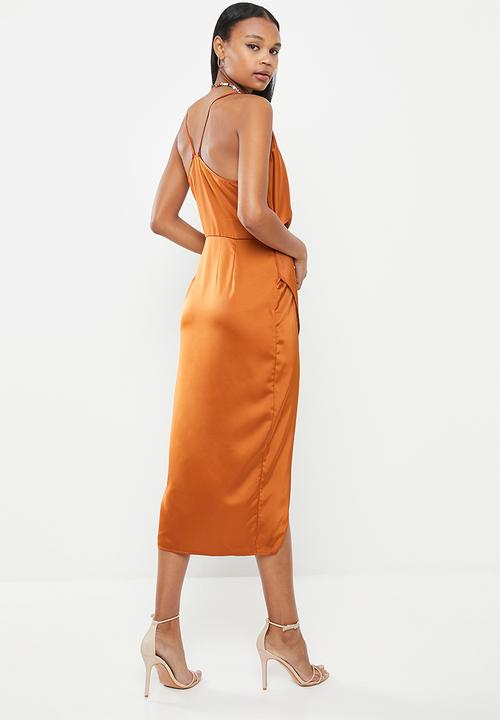 Missguided - Asym strap drape satin midi dress - rust