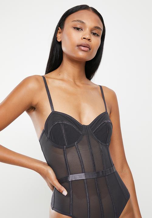 Missguided - Mesh panelled corset lingerie bodysuit - charcoal
