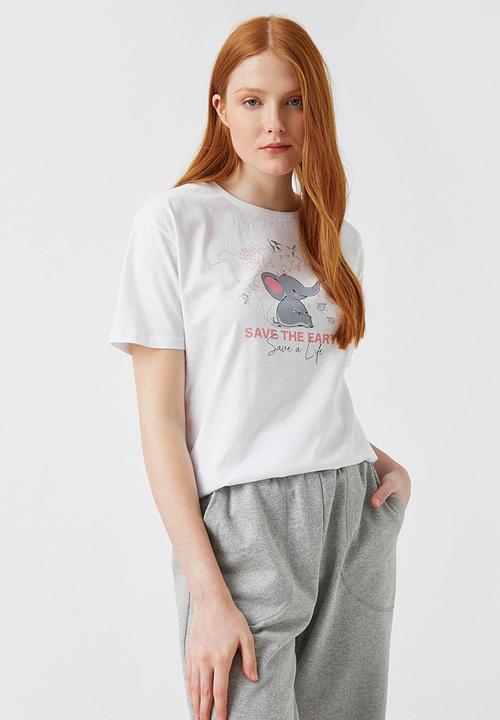 Koton - Printed short sleeve cotton T-shirt - ecru