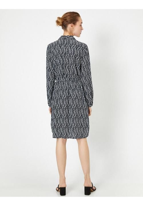 Koton - Shirt neck, long sleeve, button detailed, midi dress - black patterned