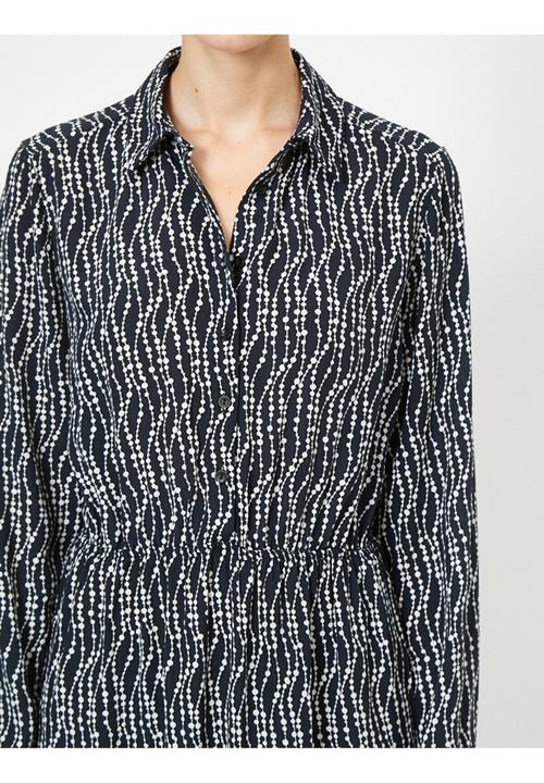 Koton - Shirt neck, long sleeve, button detailed, midi dress - black patterned