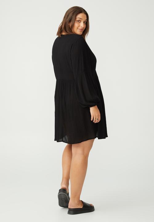 Cotton On - Curve woven linda long sleeve mini dress- black texture