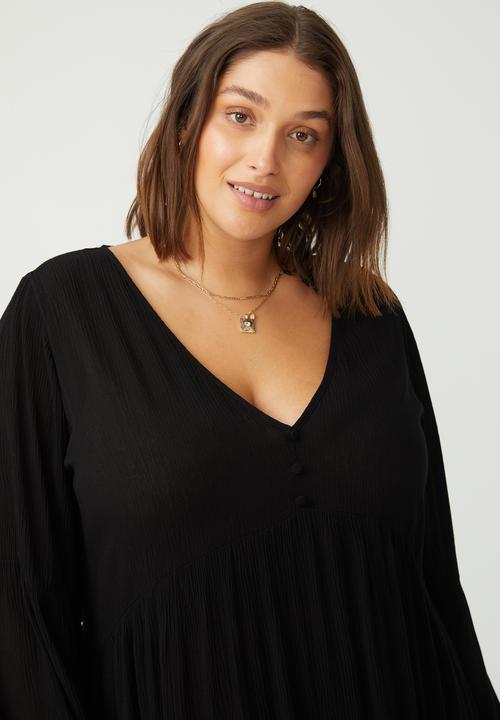 Cotton On - Curve woven linda long sleeve mini dress- black texture