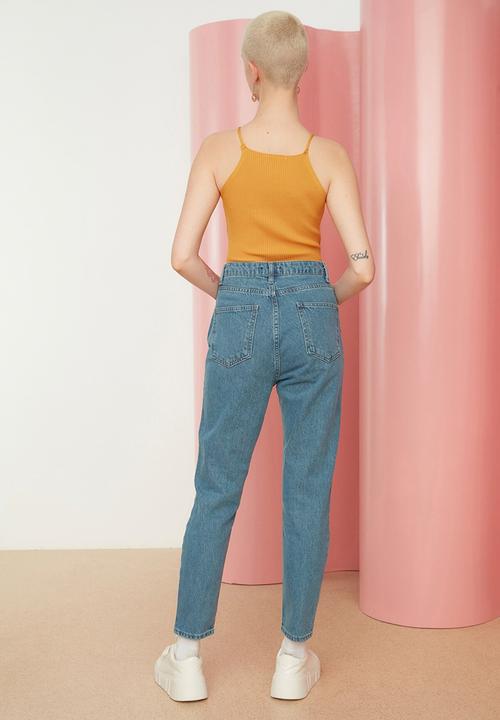 Koton - Embroidered high waist mom jeans - blue