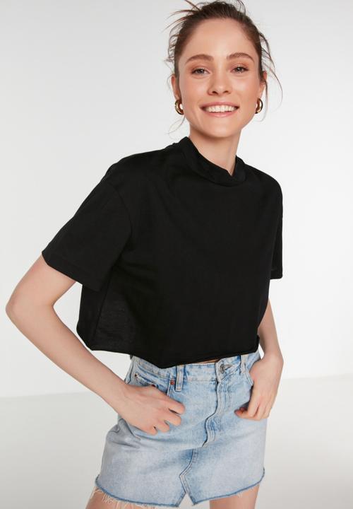 Koton - 2 Pack stand up collar crop knitted T-shirt - black & white