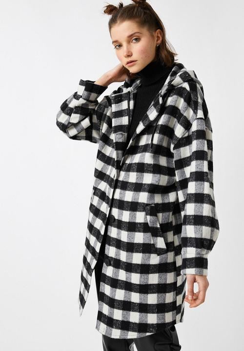 Koton - Check, hooded, oversize jacket - black & white