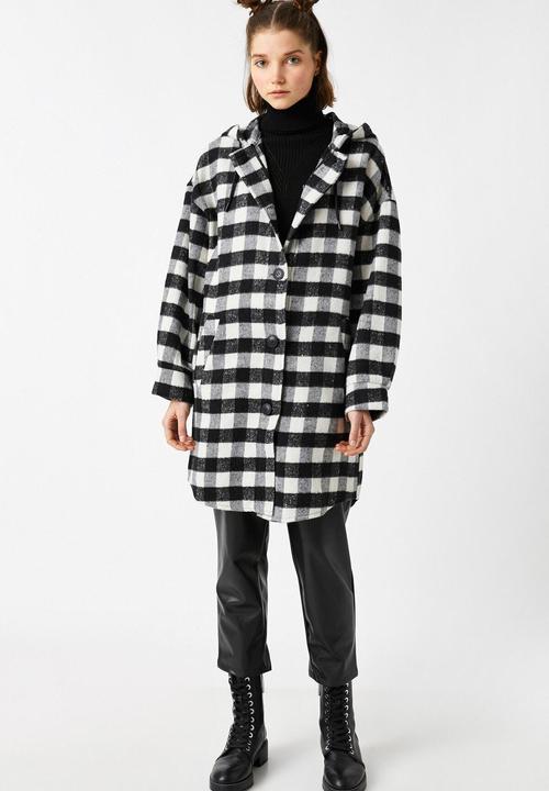 Koton - Check, hooded, oversize jacket - black & white