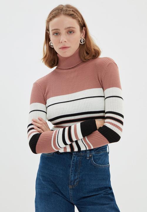 Trendyol - Striped turtleneck knitwear sweater  - dried rose