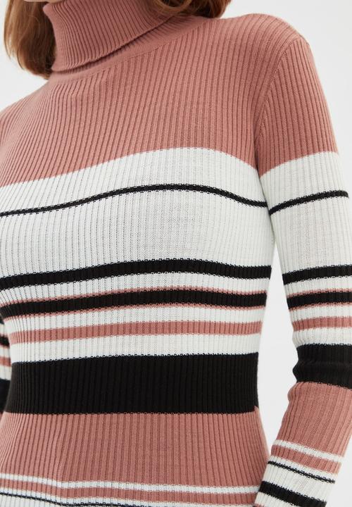 Trendyol - Striped turtleneck knitwear sweater  - dried rose