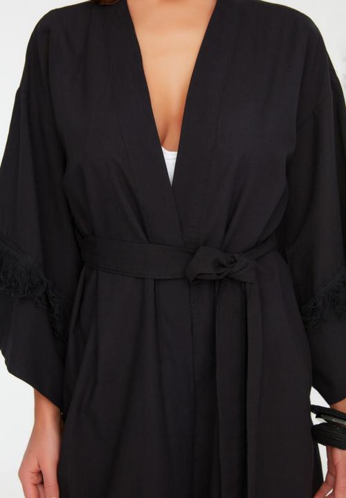 Trendyol - Tassel detailed kimono kaftan - black