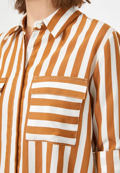 Koton - Classic neck pocket detailed shirt - brown & white