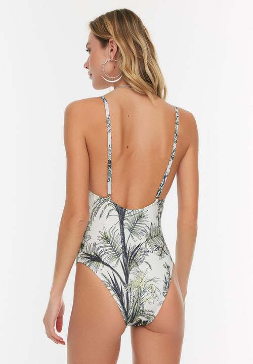Trendyol - Leaf patterned swimsuit   -  white & multi
