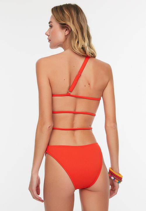 Trendyol - Textured one shoulder swimsuit   - red