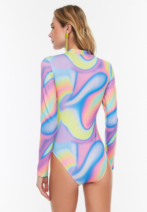 Trendyol - Long sleeve surf themed swimsuit - lilac