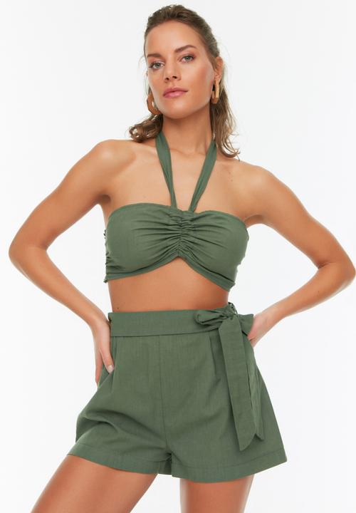 Trendyol - Neck tie detailed blouse-short set - khaki