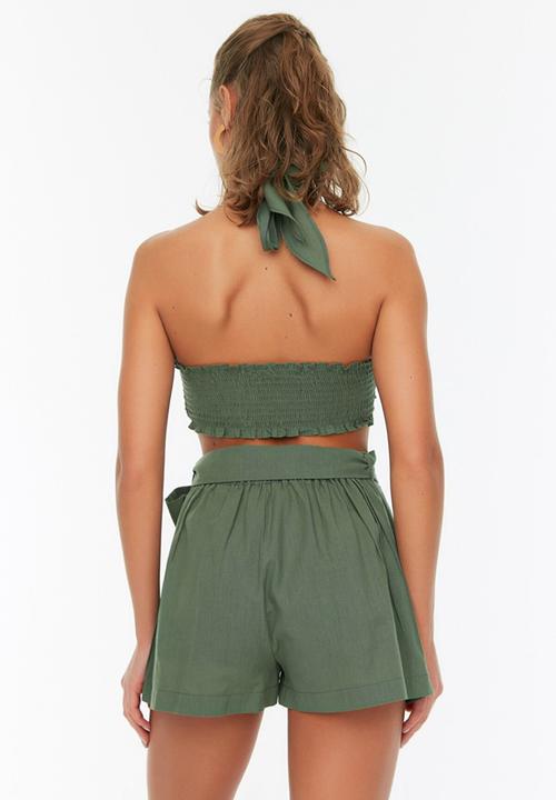 Trendyol - Neck tie detailed blouse-short set - khaki