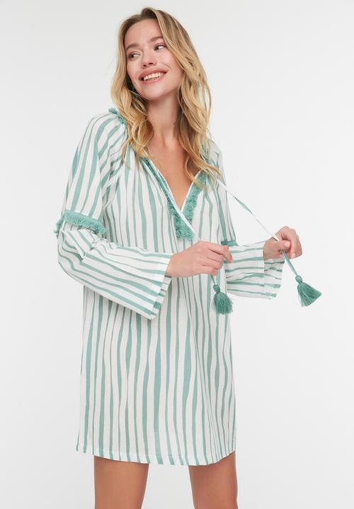 Trendyol - Striped cotton beach dress - green