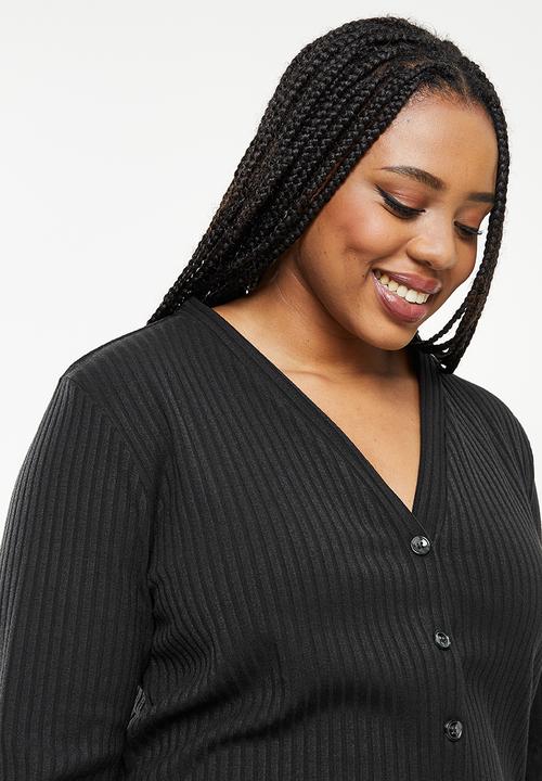 Me&B - Plus bellow sleeve ribbed button down top - black