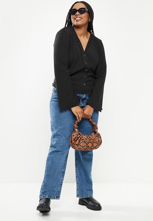 Me&B - Plus bellow sleeve ribbed button down top - black