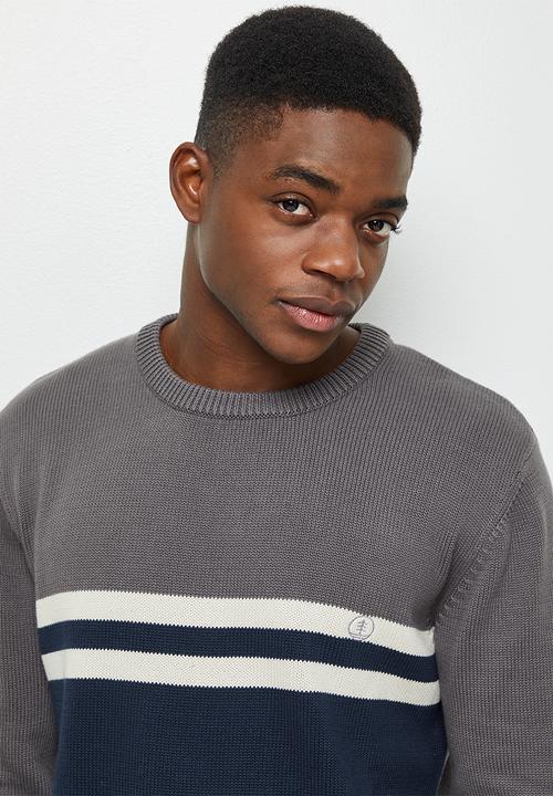 Lark & Crosse - Stripe pattern crew neck knit - charcoal & navy 